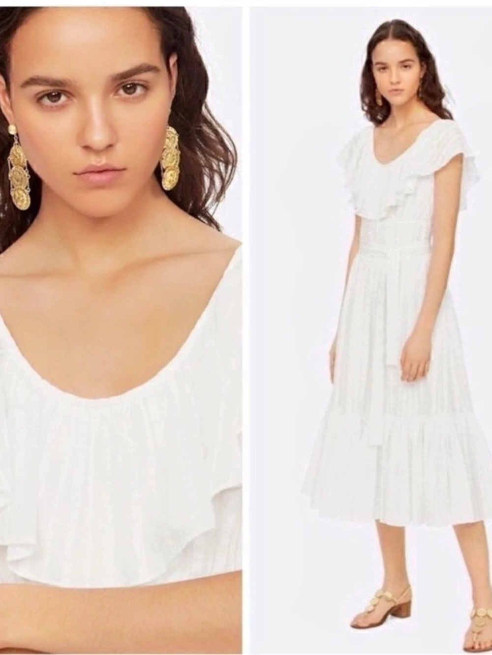 Tory Burch Cotton White Stripe Ruffle Midi Dress